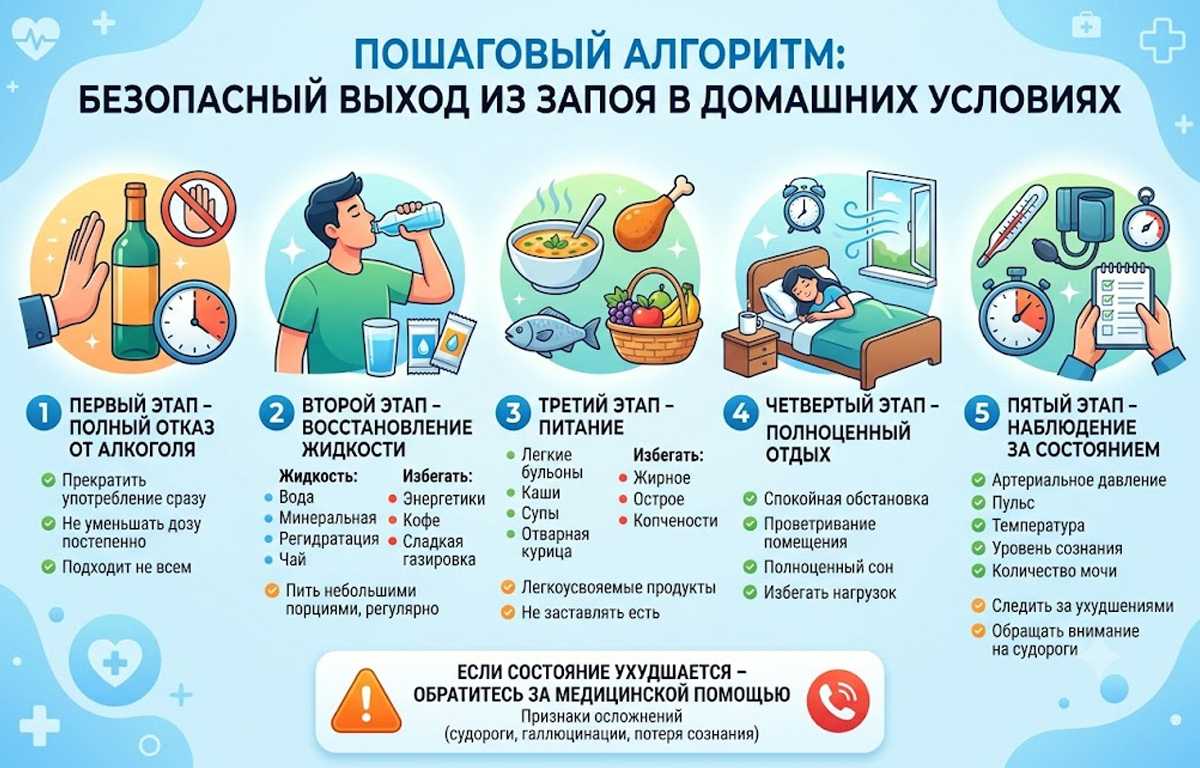 Инфографика: 5 шагов для безопасного выхода из запоя в домашних условиях