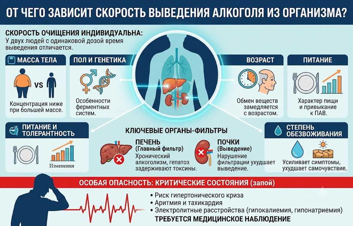 Инфографика о факторах, влияющих на скорость выведения алкоголя из организма