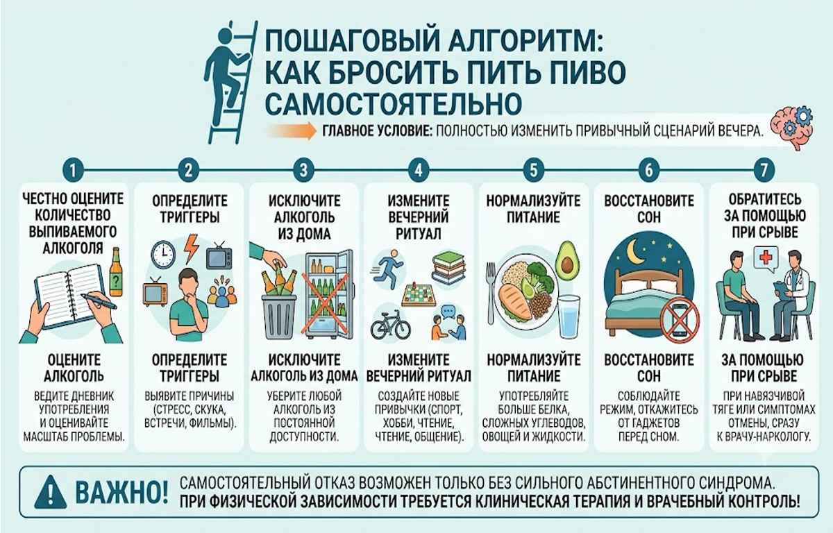 Инфографика «Пошаговый алгоритм: как бросить пить пиво самостоятельно» из 7 шагов