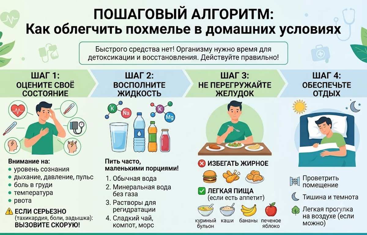 Инфографика с алгоритмом действий для облегчения похмелья в домашних условиях